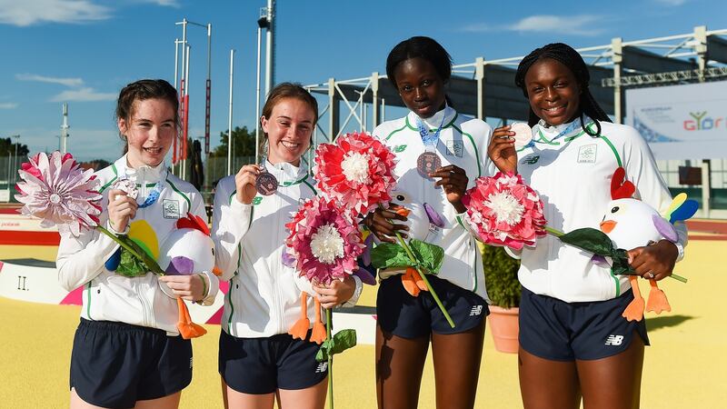 The Ireland 100m relay team of Niamh Foley,  Miriam Daly,  Rhasidat Adeleke and Patience Jumbo Gula with their bronze medals at  the European Youth Olympic Festival  at Olympic Park in Gyor, Hungary. Photograph: Eóin Noonan/Sportsfile