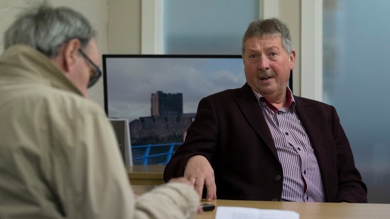 After the 90-minute interview with Gerry Moriarty, Sammy Wilson is  saddling up his 650CC BMW Scooter to catch the  ferry to Scotland and motorbike more than 400 miles down to London for Tuesday’s vote. Photograph: Liam McBurney for The Irish Times