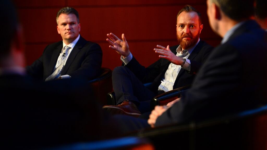 Kurt Pipal, FBI (left) and Hank Thomas, Strategic Cyber Ventures, speaking on cybersecurity – how to respond to growing threats at ZeroDayCon in the Convention Centre, Dublin. Photograph: Dara Mac Dónaill