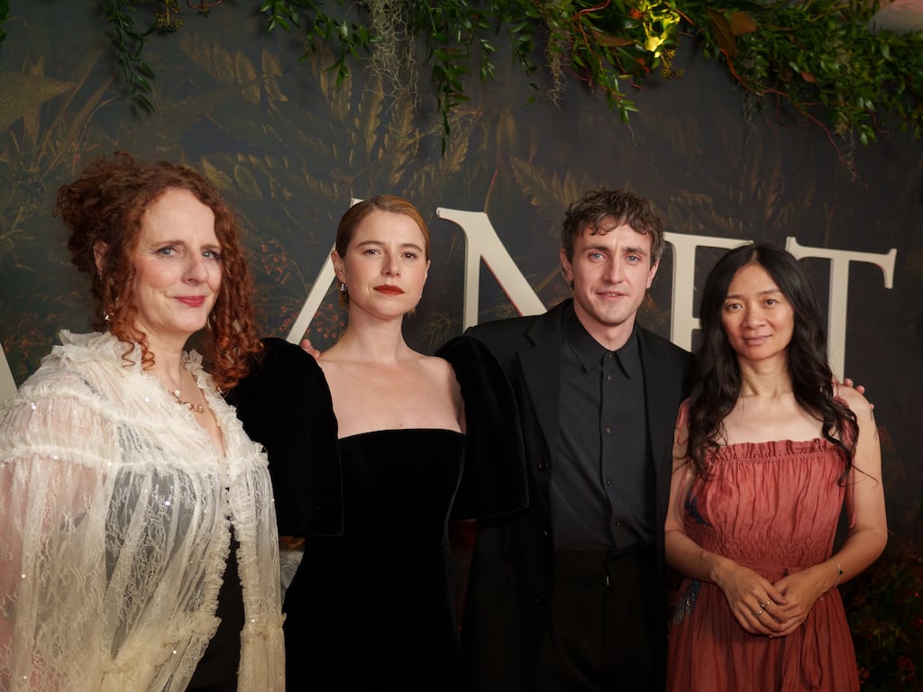 Writer Maggie O’Farrell (left) with Jessie Buckley, Paul Mescal and director Chloé Zhao at the Irish premiere of Hamnet at the Lighthouse cinema in Dublin on Saturday. Photograph: Barry Cronin for The Irish Times.