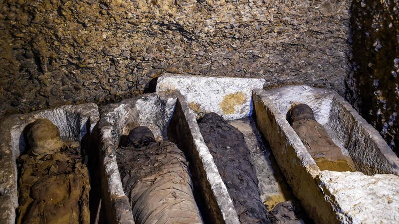 The  newly-discovered mummies found in burial chambers  at the necropolis of Tuna el-Gebel in Egypt’s southern Minya province. Photograph: AFP