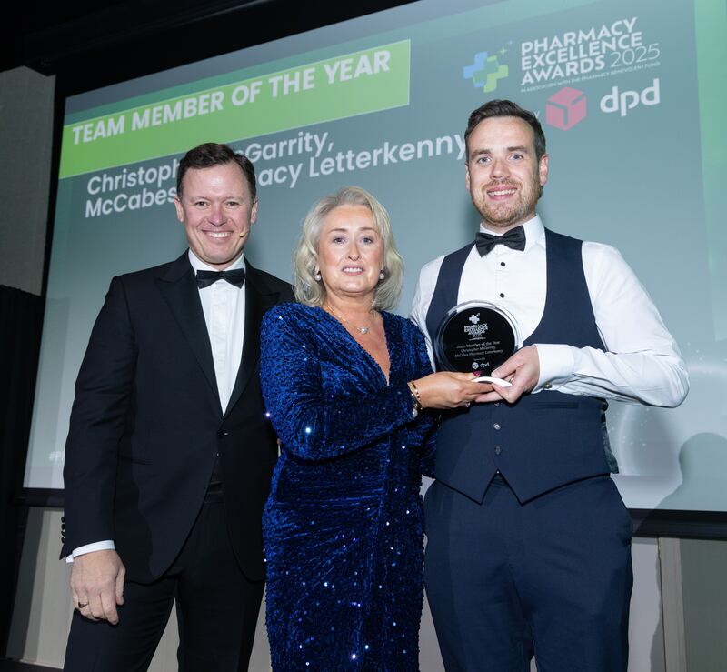 Anton Savage, MC of the awards; Fidelma Gately, head of customer engagement, DPD; Christopher McGarrity, supervising pharmacist, McCabes pharmacy. Photograph: Paul Sherwood