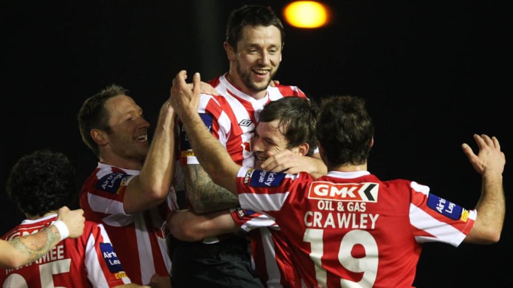 Derry City's Rory Patterson celebrates scoring his third against UCD. Photograph: Shane Mooney