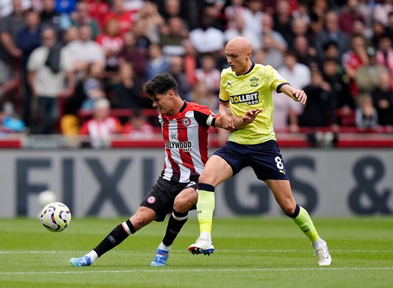 Brentford's Christian Norgaard and Southampton's Will Smallbone in action during the Premier League clash at the Gtech Community Stadium, London. Photograph:  Aaron Chown/PA Wire.
