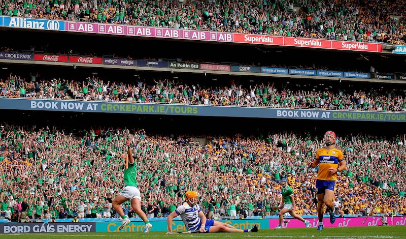 Aidan O'Connor lifts his arms in celebration after scoring a late goal against Clare in Sunday's All-Ireland SHC semi-final at Croke Park. Photograph: Ryan Byrne/ INPHO