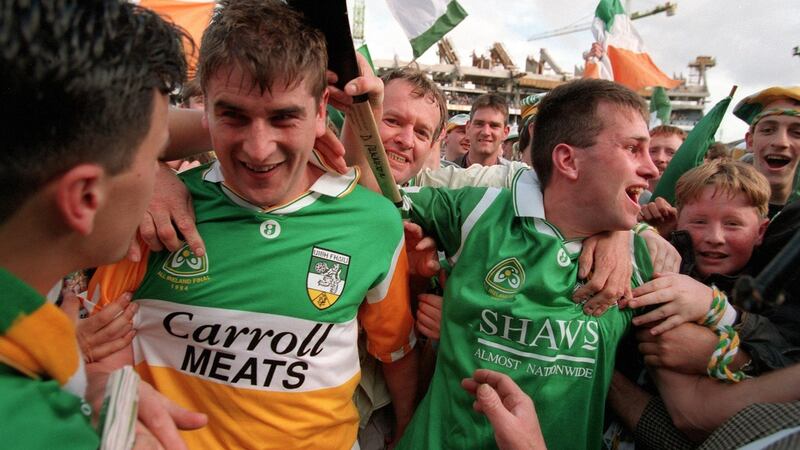 Offaly players and fans celebrate a dramatic All-Ireland final victory over Limerick in 1994.  Photograph: James Meehan/Inpho