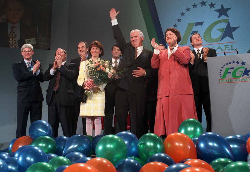John Bruton with his wife Finola and members of the Fine Gael party on the platform after the presidential address in 1989. Photograph: Jack McManus