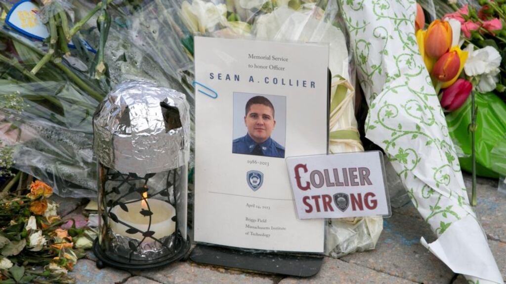 A makeshift memorial for Massachusetts Institute of Technology police officer Sean Collier, who was killed during an encounter with Boston Marathon bombings suspects, in Cambridge. Photograph: Katherine Taylor/The New York Times