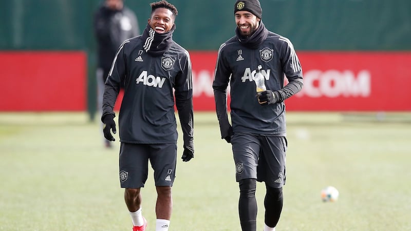 Manchester United’s Fred and Bruno Fernandes train ahead of Thursday night’s clash with LASK. Photograph: Martin Rickett/PA