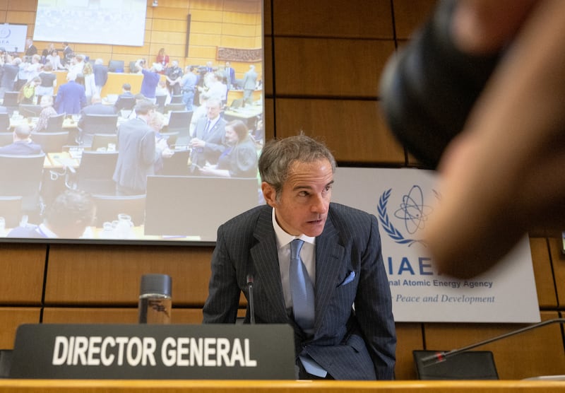 Director general of the International Atomic Energy Agency (IAEA) Rafael Grossi arrives to an extraordinary IAEA's board of governors meeting at the agency's headquarters in Vienna, Austria, on Monday