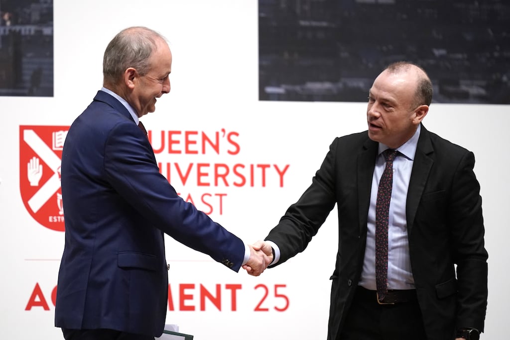 Micheál Martin (left) and Northern Ireland secretary Chris Heaton-Harris attending a conference at Queen's University Belfast to mark the 25th anniversary of the Belfast Agreement. Photograph: PA Images