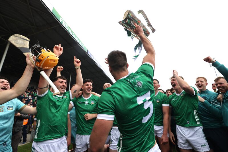 Limerick’s Dan Morrissey celebrates with the Mick Mackey Cup in Semple Stadium. Photograph: Bryan Keane/Inpho