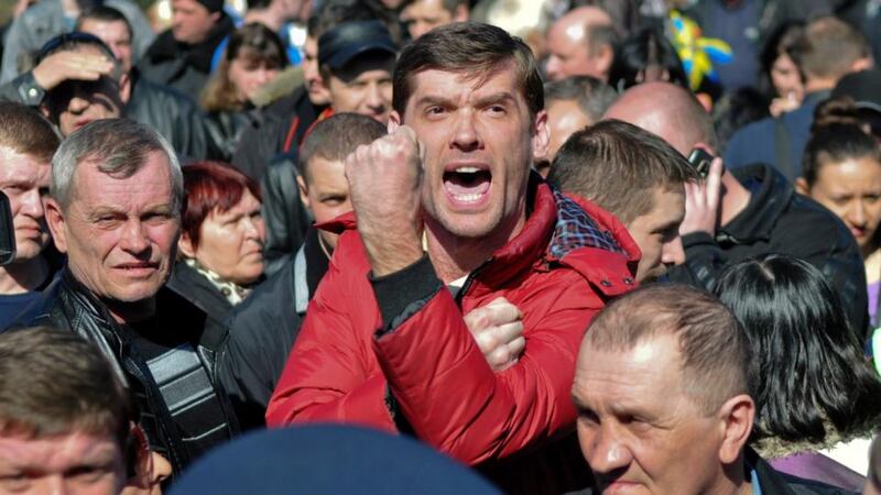 Pro-Russian activists attend a protest rally in the eastern Ukrainian city of  Donetsk. Photograph: Stringer/Reuters