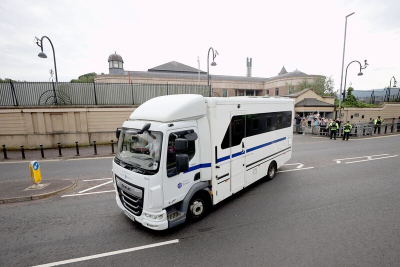 A prison van carrying former DUP leader Jeffrey Donaldson leaves Newry Crown Court on Monday. Photograph: PA