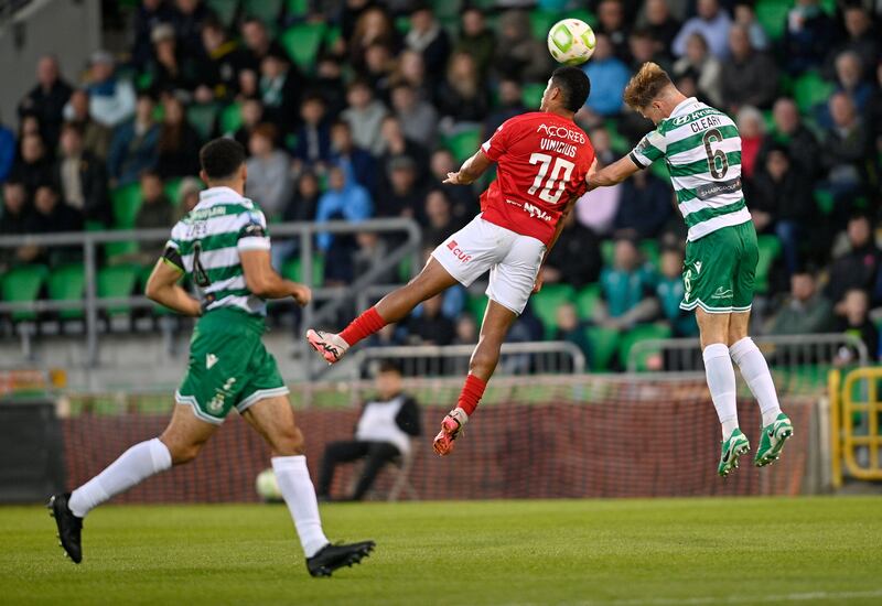 Vinicius Lopes of Santa Clara in action against Daniel Cleary of Shamrock Rovers. Photograph: Mark Marlow/EPA