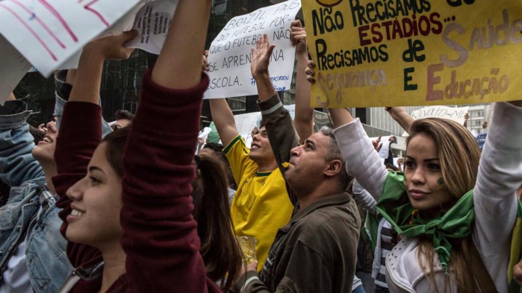 Protesters  in Sao Paulo earlier this month. “Wu Ming” argues that there is “a new international consciousness and activism sweeping world cities from Istanbul to São Paulo to Cairo and all around Europe”. Photograph: New York Times