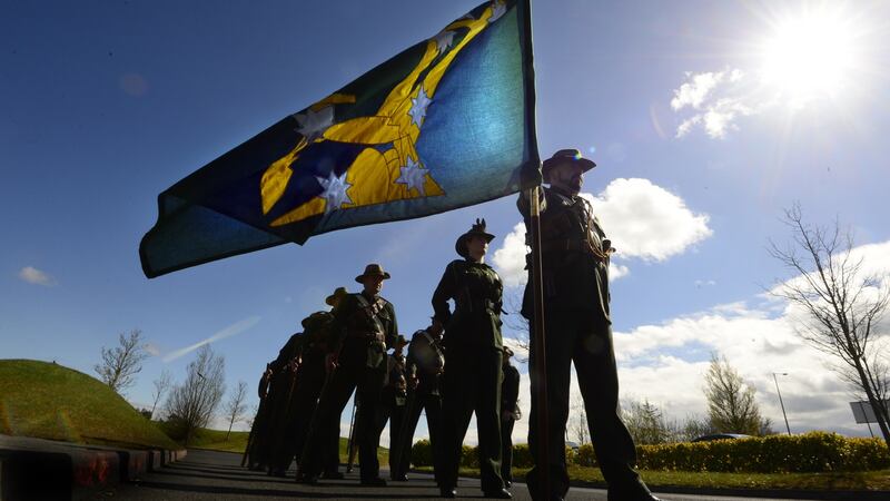 Members of the Irish Citizen Army re-enactment group  march to mark the Battle of Ashbourne. Photograph: Cyril Byrne