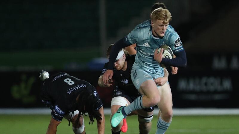 Leinster’s Tommy O’Brien runs at the Glasgow defence  during the Guinness Pro 14 match at Scotstoun. Photograph: Ian MacNicol/Getty Images
