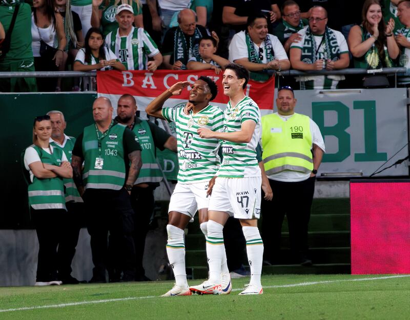 Lenny Joseph of Ferencvaros celebrates with Callum O'Dowda after scoring in the Champions League qualifier against FC Noah. Photograph: Laszlo Szirtesi/Getty Images