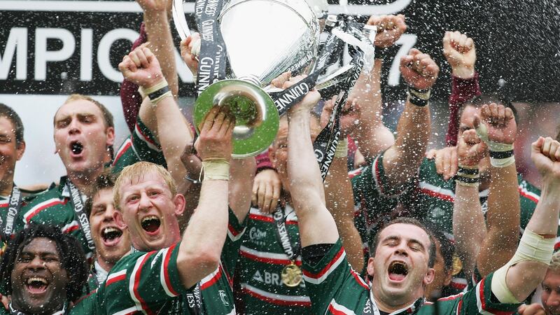Leo Cullen  lifts the Premiership trophywith Leicester. Photograph: Inpho