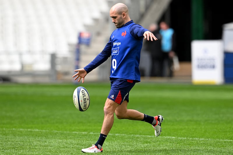France's scrumhalf Maxime Lucu during the team's captain's run at the Stade Velodrome in Marseille on the eve of the clash against Ireland. Photograph: Nicolas Tucat/AFP/Getty Images