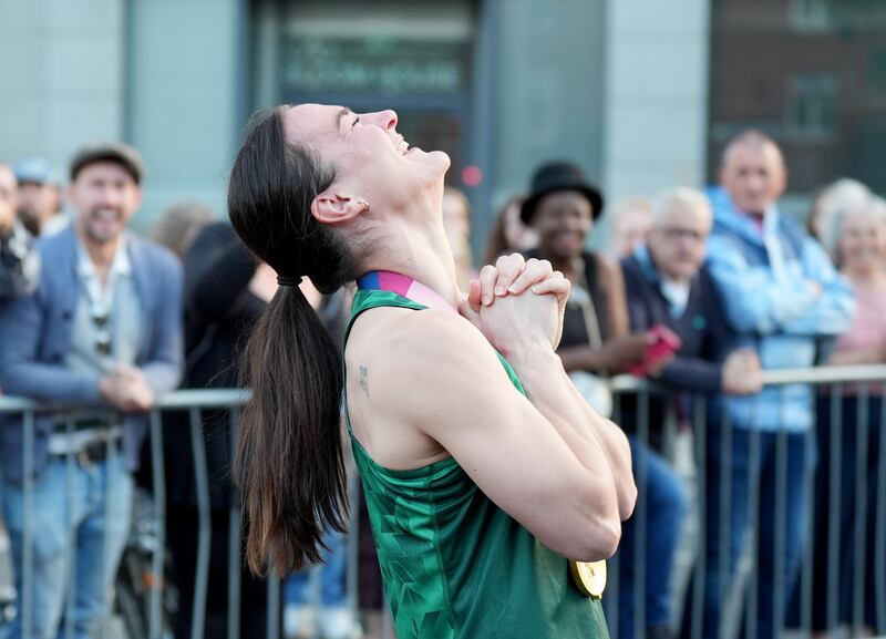 Kellie Harrington wearing her two gold medals shows her emotion during her homecoming. Photograph: Niall Carson/PA Wire