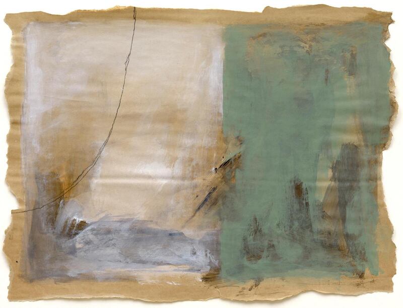 Guggi: Broken 1d (2019), acrylic and graphite on brown paper and perspex frame