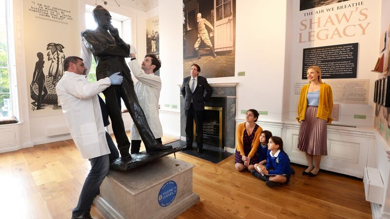 Putting the George Bernard Shaw statue in place for the launch of an  exhibition and book, Judging Shaw by Fintan O’Toole in October 2017. Photograph: Cyril Byrne