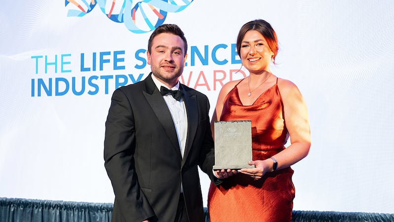 Ben Molloy, entries lead at Business River, presents the life sciences company of the year - medium to Ciara Durnin White, Deciphex