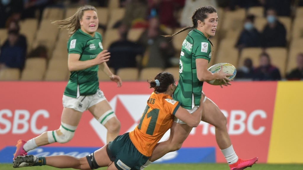 Ireland’s Amee-Leigh Murphy Crowe is tackled by Australia’s Demi Hayes during the Women’s HSBC World Rugby Sevens 2022 Final match at the La Cartuja stadium in Seville. Photograph: Cristina Quicler/AFP via Getty Images