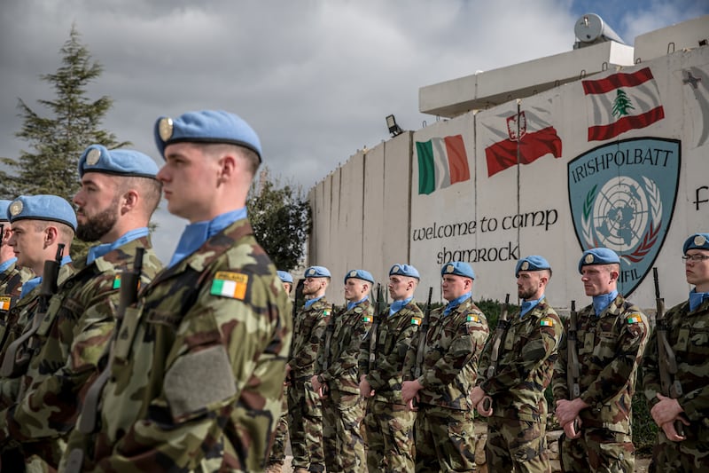 Taoiseach Micheál Martin met Irish peacekeepers while visiting Camp Shamrock in southern Lebanon. Photograph: Sally Hayden
