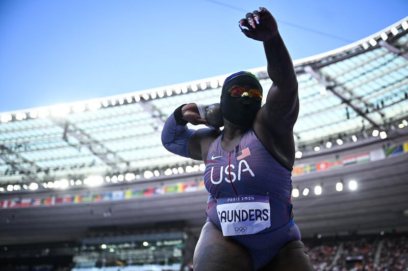 Raven Saunders competes in the women's shot put qualification at Stade de France in Paris. Photograph: Ben Stansall/AFP/Getty Images