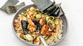 Baked salmon bowl with teriyaki, pickled cucumber and nori