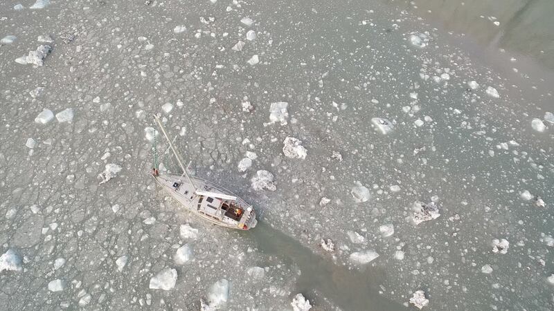 Irish boat ‘Northabout’ getting through ice during the British crew’s circumnavigation of the North Pole. Photograph: Polar Ocean Challenge