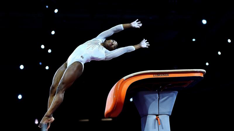Simone Biles  competes on the vault during the final. Photograph: Laurence Griffiths/Getty Images