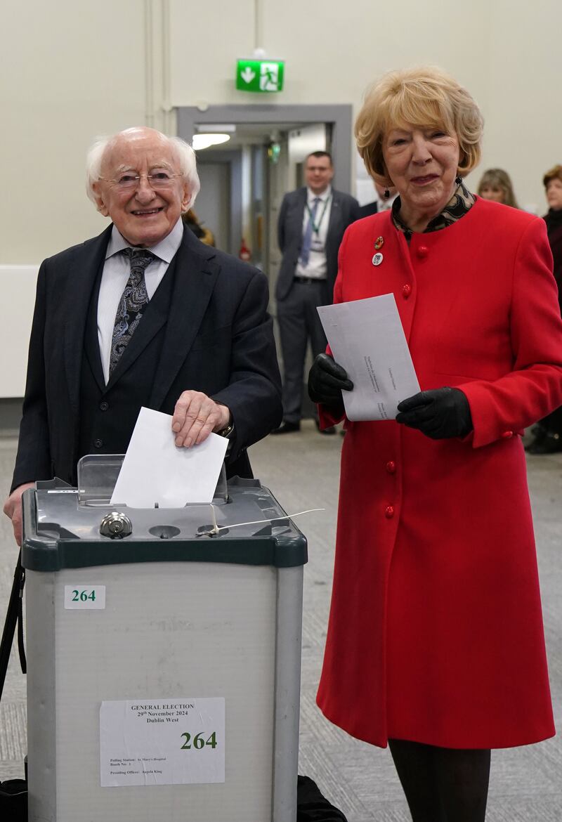 The President Michael D Higgins and his wife Sabina cast their votes for the 2024 General Election at St Mary's Hospital, Phoenix Park. Photograph: Brian Lawless/PA Wire