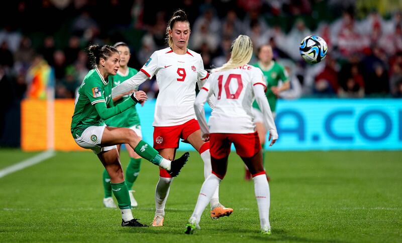 Canada’s Jordyn Huitema and Sinead Farrelly of Ireland in action during the World Cup clash at Perth Rectangular Stadium. Photograph: Ryan Byrne/Inpho 