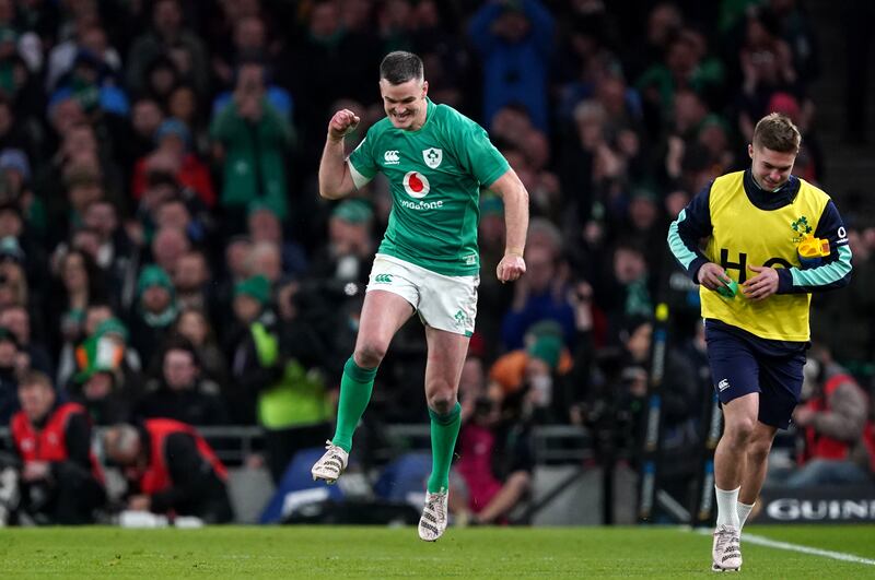 Johnny Sexton celebrates a conversion against England. Photograph: PA