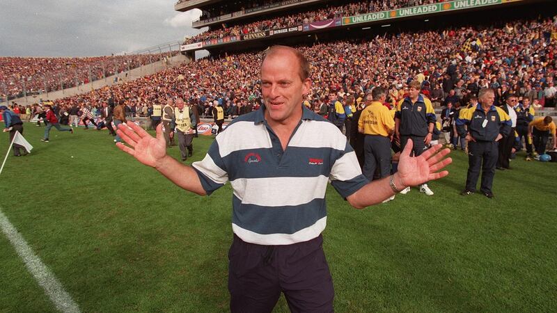 Clare Manager Ger Loughnane celebrates the 1997 All-Ireland SHC Final victory over Tipperary at Croke Park. Photograph:  Billy Stickland/Inpho
