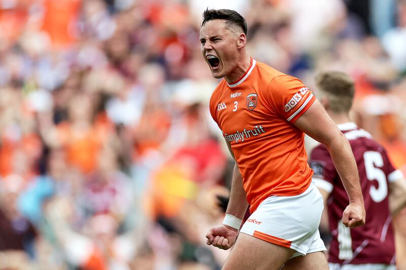 Aaron McKay celebrates scoring Armagh's goal at Croke Park. Photograph: Laszlo Geczo/Inpho