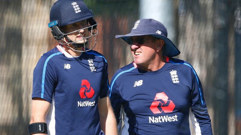 England captain Joe Root with head coach Trevor Bayliss. Photograph: Jason O’Brien/PA