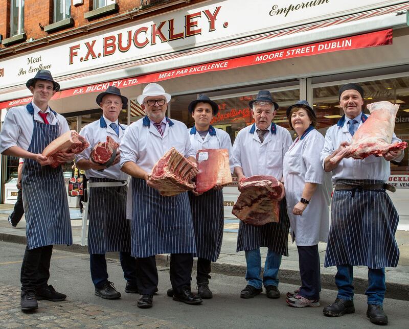 FX Buckley: Erin Mac an tSaoir, manager John Collins, owner Paddy Buckley, Carlos Ruelafcalin, Fran Bennett, Ann Crawford and Frank McMahon of the Moore Street butcher, in Dublin. Photograph: Crispin Rodwell