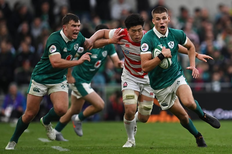 Sam Prendergast during last Saturday's game against Japan at the Aviva Stadium. Photograph: Charles McQuillan/Getty Images