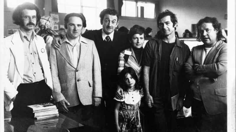Peter Fallon, John Ennis, John B Keane, Eleanor Scanlon, Nell and Tom Murphy, and Brendan Kennelly at Listowel Writers Week in 1976