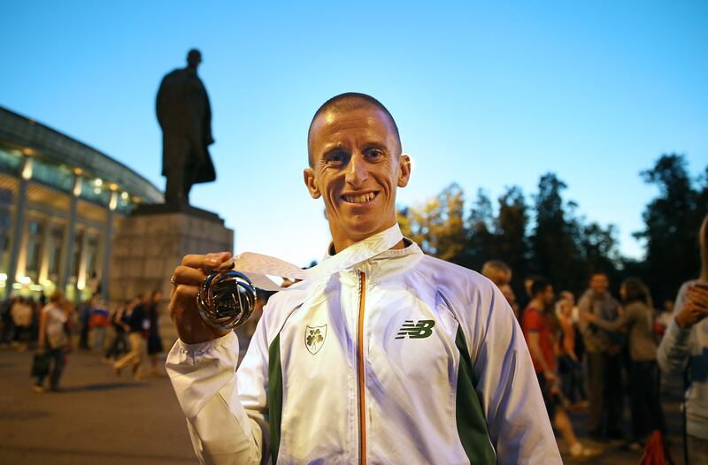 Robert Heffernan with his 50km walk gold medal outside Moscow's Luzhniki Stadium in 2013. Photograph: Ian MacNicol/INPHO