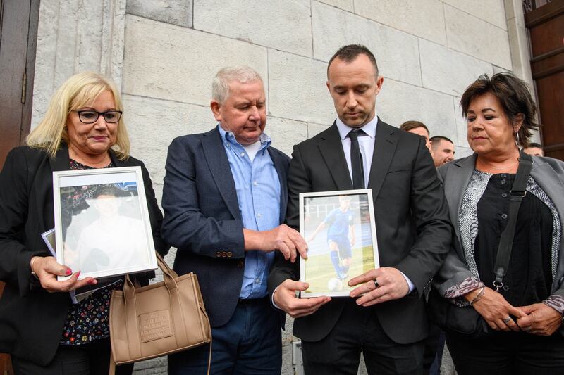 The late Roy Butler's brother Aaron Butler, with parents Angela and Martin and family members pictured at the inquest into his death at Cork Coroner’s Court. Photograph: Daragh Mc Sweeney