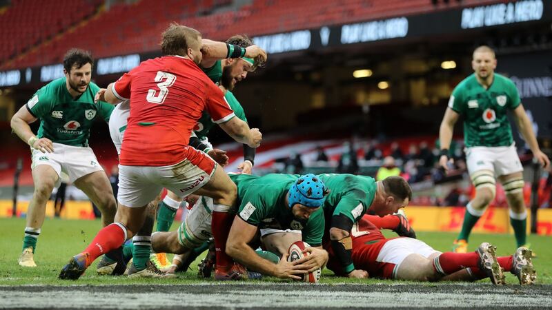 Tadhg Beirne  scores  his try against Wales. Photograph: David Rogers/Getty Images