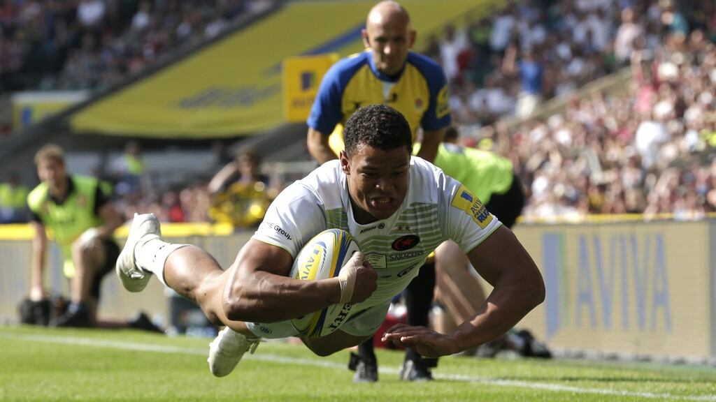 Nathan Earle scores Saracens’ fourth try during the Premiership final against Exeter Chiefs at Twickenham. Photograph: Henry Browne/Getty Images