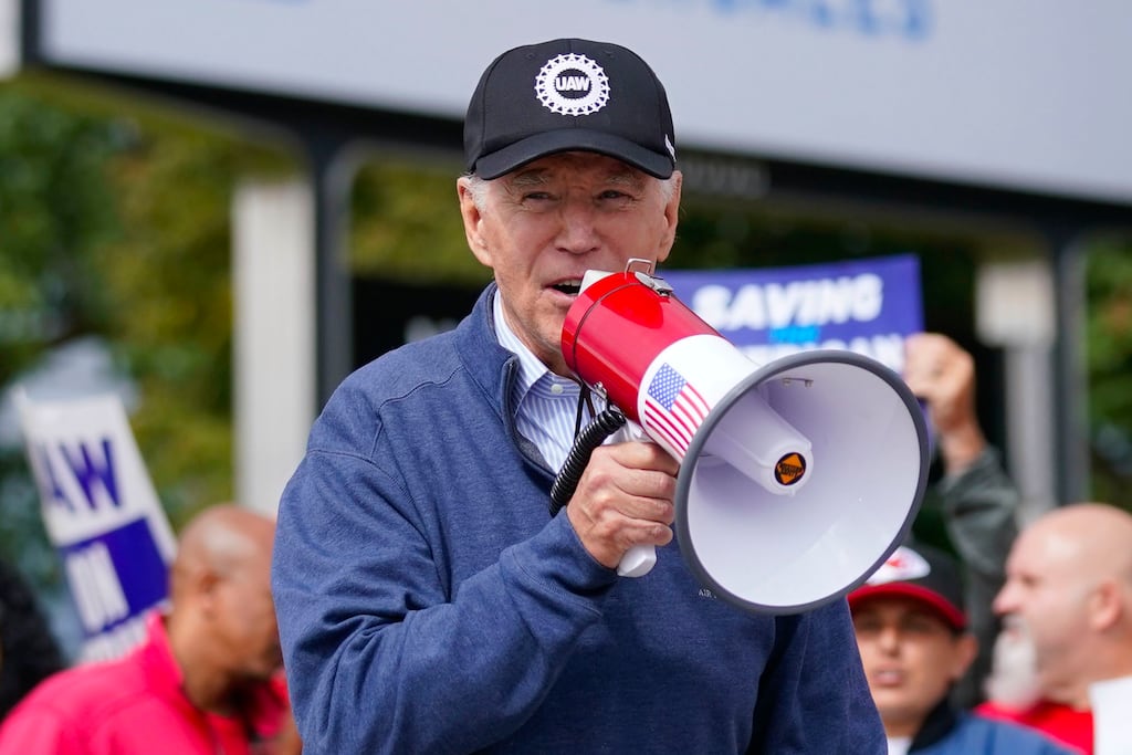 Joe Biden became the first US president to join a picket line on Tuesday. Photograph: Evan Vucci/AP