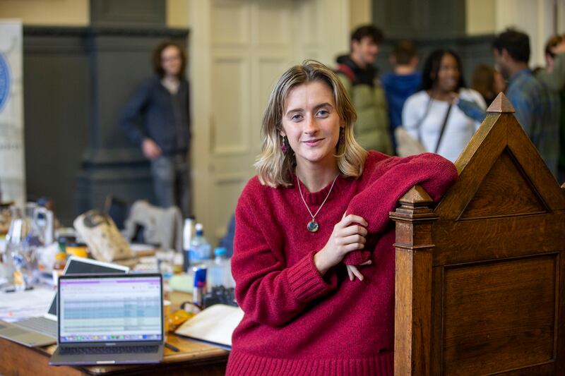 Hist society auditor Áine Kennedy: in lively form despite exhaustion.
Photograph: Tom Honan 